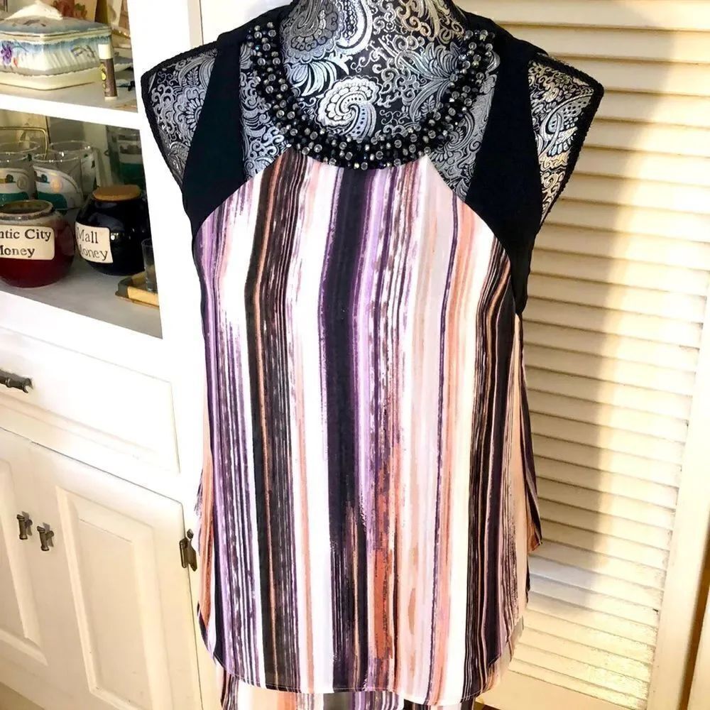 Jennifer Lopez Watercolors Beaded Choker Chiffon Blouse with sexy cut outs. XS.
